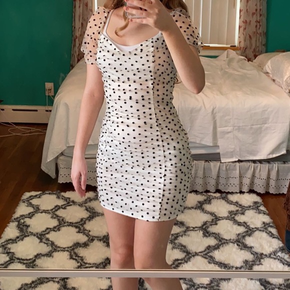 PLT Polka Dot Puff Sleeve Mesh Ruched Mini Dress - Picture 3 of 5